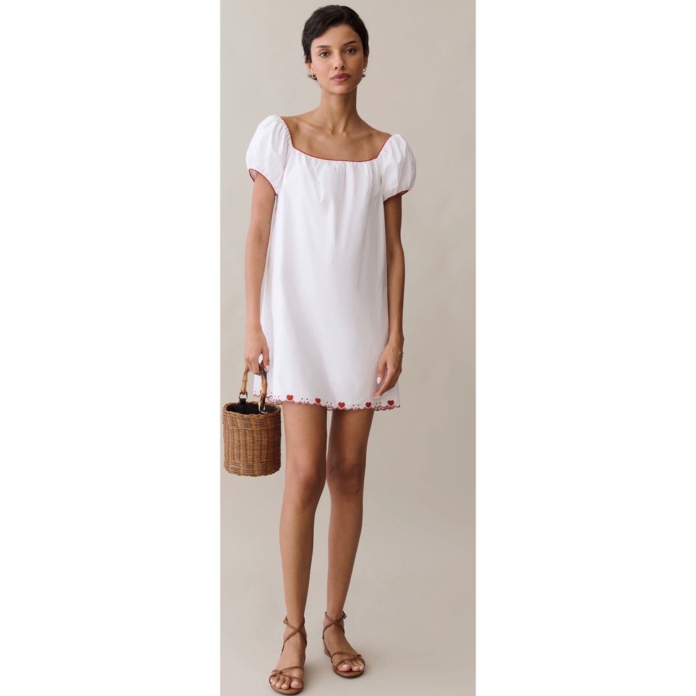 Few Moda Sorella Atelier White Puff Sleeve Mini Dress Red Heart Embroidery XS